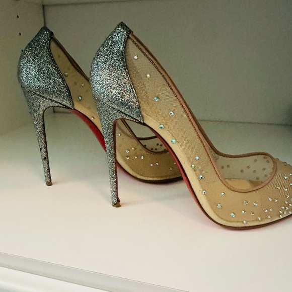 Christian Louboutin Beige Blue Crystal Embellished Mesh Follies Pumps Size 41 - Picture 14 of 16